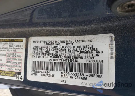 2004 Toyota Matrix Standard from USA, damaged, VIN 2T1KR32E94C260238